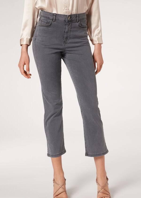 grå calzedonia eco light flared cropped denim damjeans