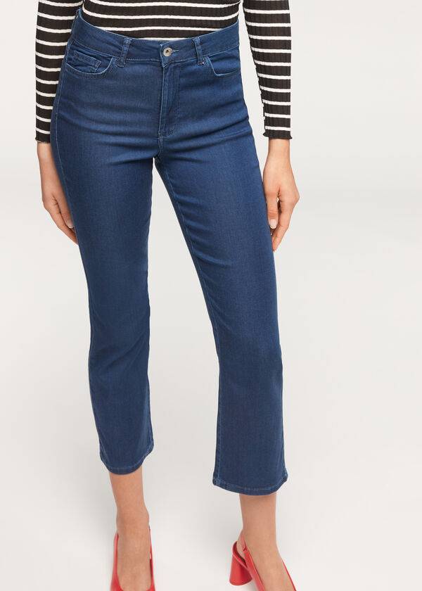 marinblå calzedonia eco light flared cropped denim damjeans