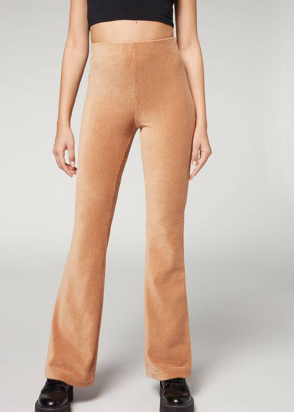 calzedonia ribbade utsvängda sammetsleggings bruna för kvinnor