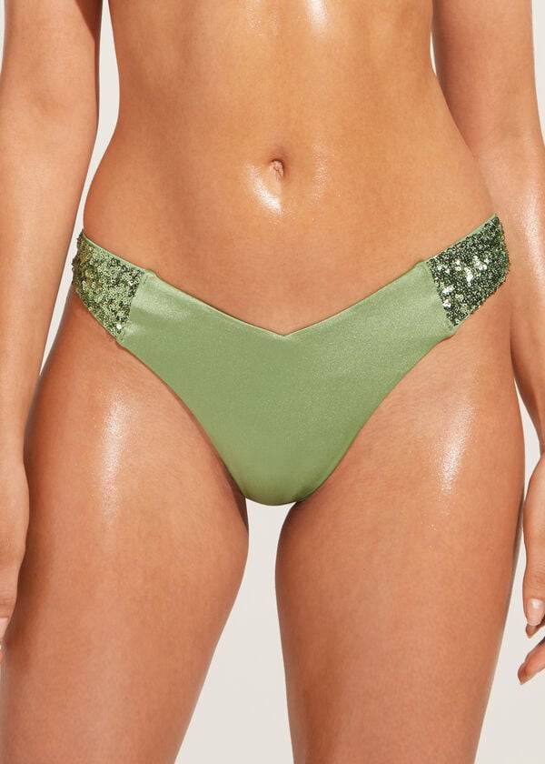 grön calzedonia paljettbelagd högskuren brasiliansk cannes bikinitros för kvinnor