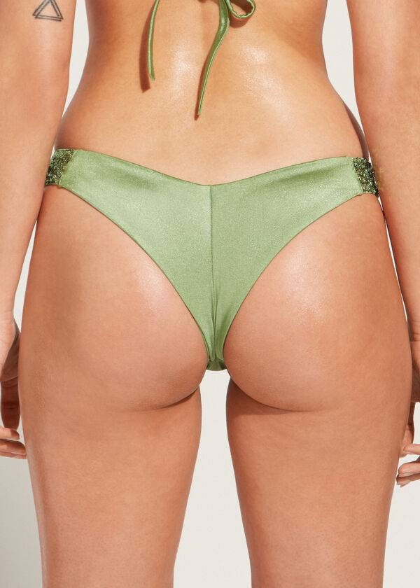 grön calzedonia paljettbelagd högskuren brasiliansk cannes bikinitros för kvinnor