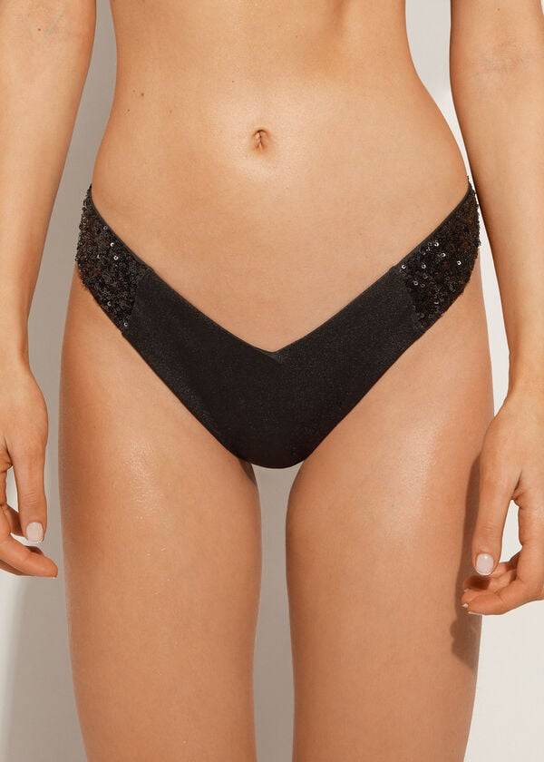calzedonia paljettbelagd högskuren brasiliansk cannes cheeky bikinitrosor svart för kvinnor